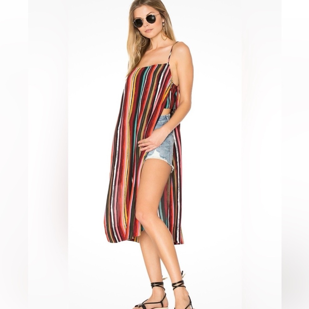 FREE PEOPLE Longline Striped Multicolor Tunic Dress Top Sz Small Boho‎ Festival